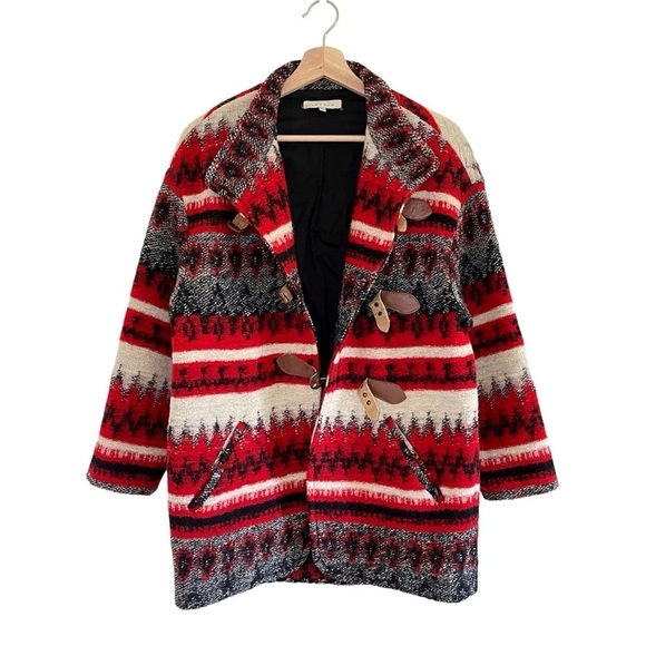 Sandro Wool Blend Patterned Coat Red Black Ivory Small - Picture 2 of 16